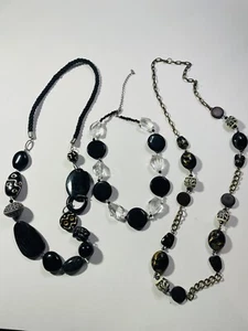Necklace Lot Black Czech Glass Beaded Long Wood Glitter Swirled Unique READ - Picture 1 of 7