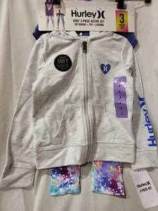 Hurley Kids Zip Hoodie, Tee, Legging 3-Piece Active Set, Purple/Gray, Size 4 NEW - Picture 1 of 4