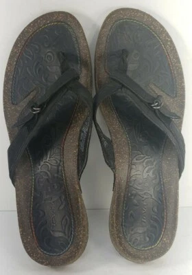 TEVA Ventura Flip Flops Women's Size 10 Black Leather Brown Cork Comfort Sandals - Image 1 of 4