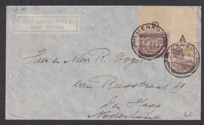 Netherlands Indies 1936 2 marginstamps Airmailcover MENADO to The Hague - Image 1 of 2