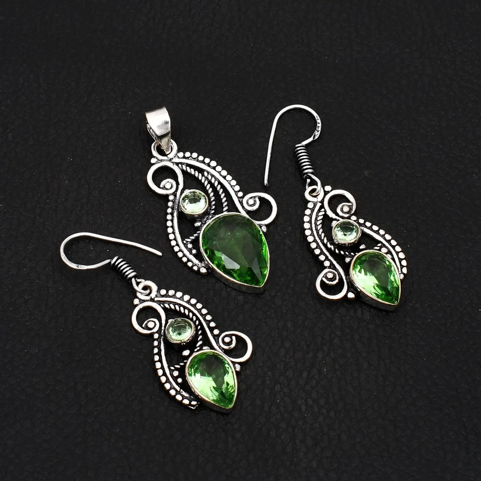 Peridot Gemstone Ethnic Handmade Pendant+Earring Jewelry For Women 1.6" AP-36332 - Image 1 of 1