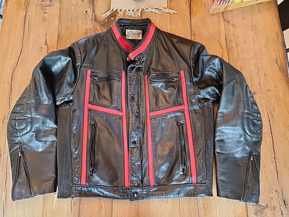 肖特黑色带红色摩托车皮革夹克复古男式 42  — 第 1/4 张图片