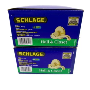 (LOTE DE 2) Manijas de palancas de puerta de pasillo y armario de latón brillante Schlage Flair P515-322 - Imagen 1 de 13