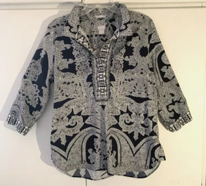 Chico's Cot Tunika Top "2" (M-L) Kragen/1/2 Knopfleiste 3/4 SLV kräftig schwarz & weiß Paisley - Bild 1 von 5