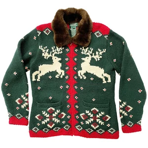 Cardigan vintage RALPH LAUREN renna lavorato a mano vacanza lana pelliccia sintetica collo M - Foto 1 di 7