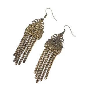 Vintage filigran Messing Ohrringe verzierte Kette lang Unikat Retro Gothic Steampunk - Bild 1 von 16