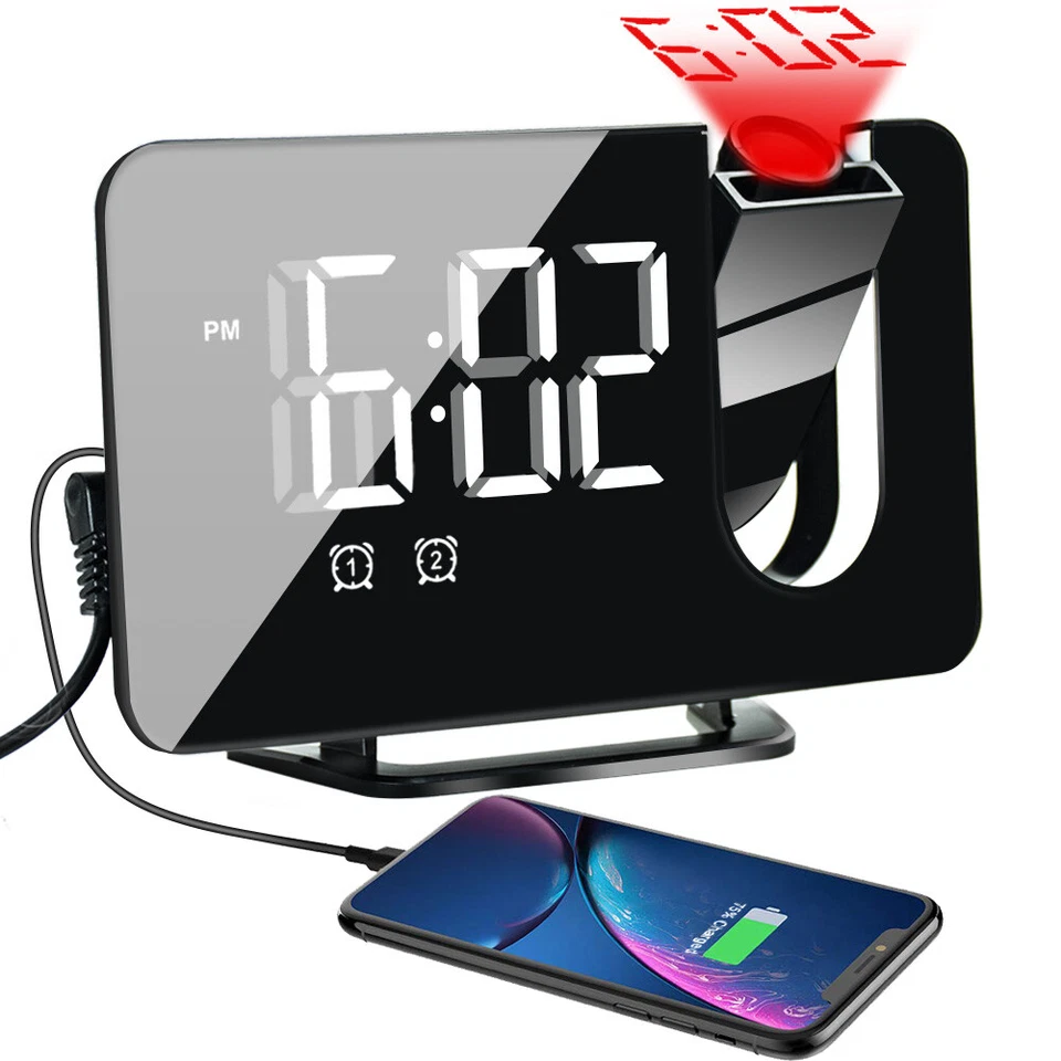 Projection Alarm Clock Snooze Digital LED Display Dual Alarm Clock FM Radio USB - Image 1 of 4