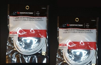 Pack of 2 - Monster 6’ High Performance USB 3.0 Extension Cable New in Bag - Image 1 of 2