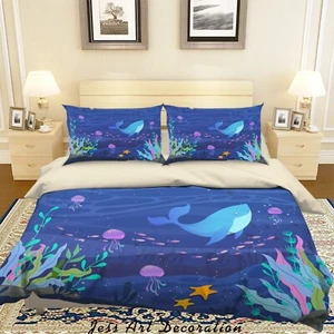 3D Whale Underwater World Kids Quilt Cover Set Duvet Cover Bedding Pillowcases - Picture 1 of 6