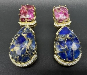 Goldfarbene blaue & rosa Kristall HighEnd Statement Ohrringe 3" - Bild 1 von 13