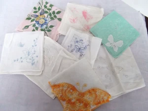 vtg lot 8 hanky 12in butterfly embroidered crochet floral print grn pink scallop - Picture 1 of 10