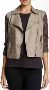 Eileen Fisher Taupe Organic Linen Moto Jacket Asymmetric Zip Sz XS - Picture 1 of 9