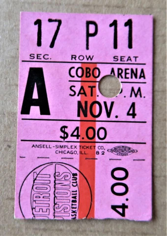Detroit Pistons vs Baltimore Bullets Ticket stub Nov 04, 1972 - COBO Arena ! Cover
