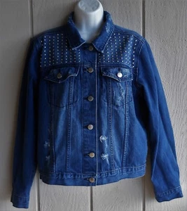 Chaqueta de camionero de mezclilla azul con tachuelas plateadas M Tinsel Town para mujer busto 42 - Imagen 1 de 12