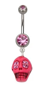 Belly Ring Skull Head Pink w/ Double Pink Gems Dangle Naval Steel - Picture 1 of 3