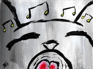 Print Of Black Cat Painting  ACEO Music Note Miniature Folk Art Samantha McLean  - Picture 1 of 1