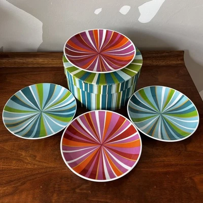 "Juego de 4 platos Target By Julia Minasian de 6,5"" a rayas de cerámica rosa rojo verde azulado dorado" Foto 1 de 4