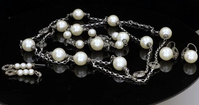 Conjunto de collar de plata 925 perlas de imitación marcasita 34"L pulsera 7,5" pendiente #1707 Foto 1 de 4