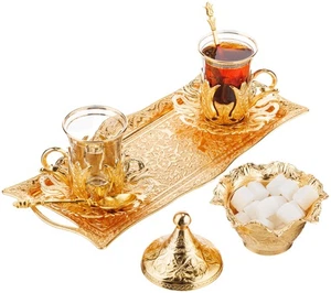 Türkisches Tee und Kaffee Servier Set für 2 - enthält 2 Gläser, Metall Glas Ho... - Bild 1 von 8