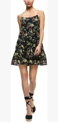 Mini Vestido Alice + Olivia Gathered Negro Estampado Floral Algodón Talla 4 De Gran Tamaño  Foto 1 de 4