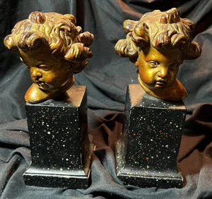 Vintage BORGHESE Figural Pair of Two Cherub Putti Bookends Set Gold Gilt Painted - Imagen 1 de 17