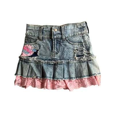 Falda vaquera Flowers By Zoe Y2K niñas rosa encaje ribete parche desgastado Kidcore Foto 1 de 4