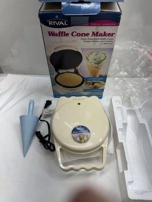 Vintage Rival Waffle Cone Maker Model WC800 White w/ Cone Roller NIB - Image 1 of 4