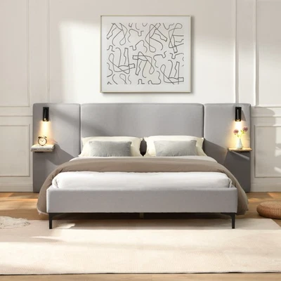 [New]Chic Linen Upholstered Bed w/Integrated Lights and Shelves，Grey，Queen - Image 1 of 4