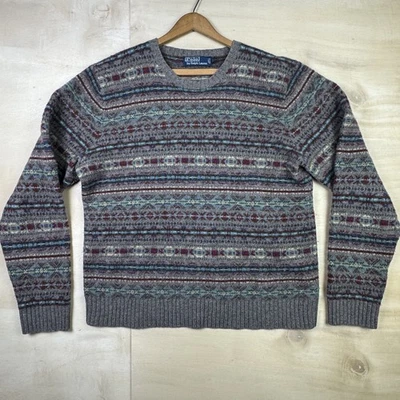 复古男式 Polo Ralph Lauren 圆领毛衣 Fair Isle 羊羔毛 尺寸 L — 第 1/4 张图片
