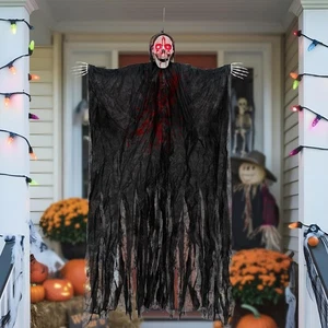 Scary Hanging Ghosts 67" Light-Up Eyes Creepy Sound Hallow Grim Reaper Skeleton - Picture 1 of 8