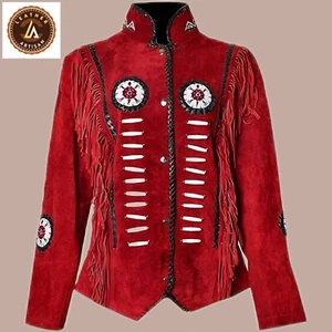 Women’s Suede Leather Jacket Western With Fringes & Beads Native American, Red - Picture 1 of 3