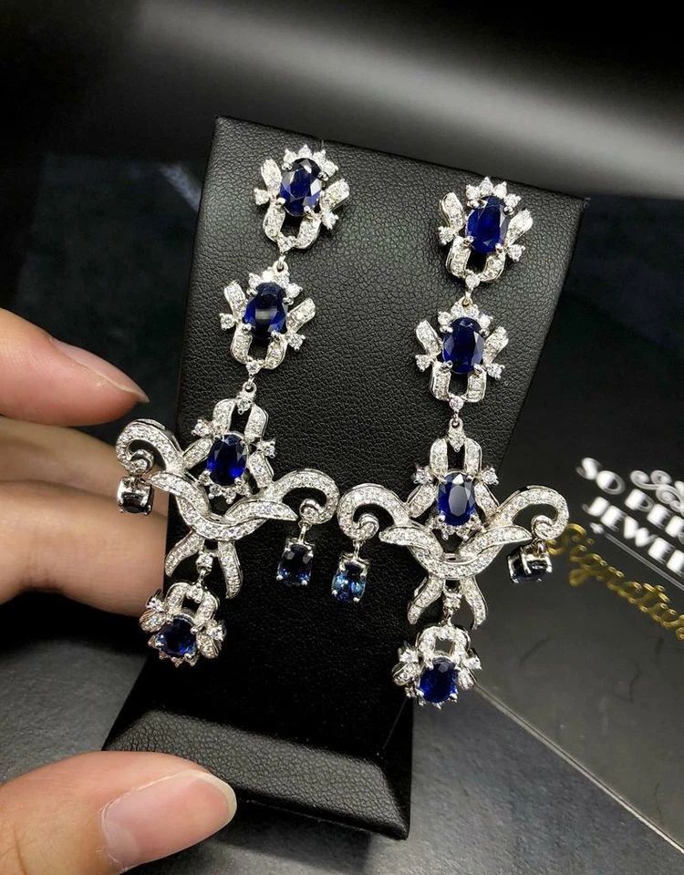 Chandelier 18.03TCW Royal Blue Branded Blue Sapphire & CZ Handmade Fine Earrings - Image 1 of 4