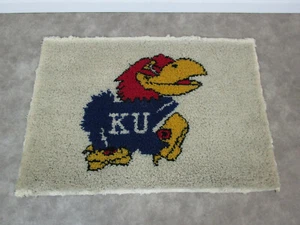 Vintage Wool Yarn Latch Hook Rug 29 x 42 Kansas KU Jayhawk Design - Picture 1 of 4