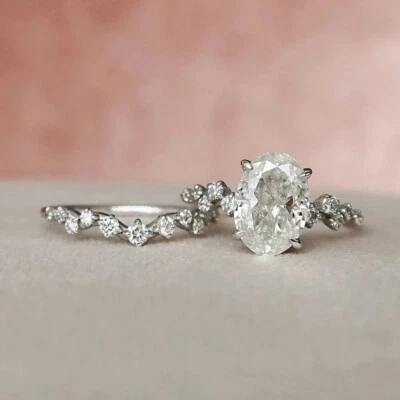 2.5Ct White Oval Cut Simulated Diamond Halo Wedding Matching 925 Silver Ring Set - Image 1 of 4