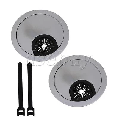 2pcs Zinc Alloy Desk Wire Grommet Cable Hole Roubd Cover 60mm Hole Dia Silver - Image 1 of 4