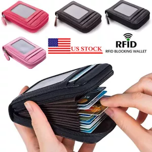 Cartera con bloqueo RFID para hombres porta tarjetas de crédito cuero genuino bolsillo con cremallera delgado - Imagen 1 de 34