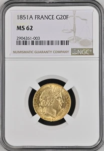 FRANCE , GOLD 20 FRANCS 1851 A - NGC MS 62 , RARE8 - Picture 1 of 2