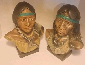 RAR/SET Vintage Indianerhäuptling/Indianerin Mädchen Büste Statuen kleine Trommel - Bild 1 von 24