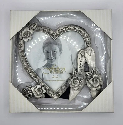 Fetco Home Decor Wedding Heart & Shoe Frame “JUST MARRIED” 4" x 4" Photo New - Image 1 of 3