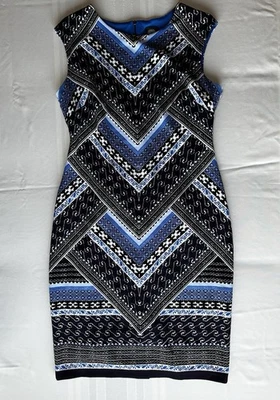 Vince Camuto Sheath Dress Blue Black White Geometric Print Size 14 Sleeveless - Image 1 of 4