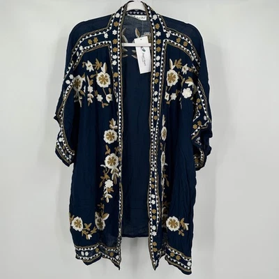 Angel Heart Womens Boho Embroidered Kimono Size 3X Navy Floral Festival Layering - Image 1 of 4