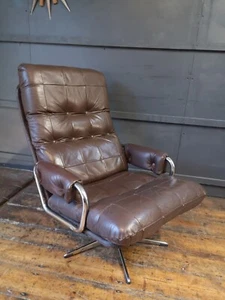 Vintage 1970s Danish Chocolate Patchwork Leather & Chrome Swivel Lounge Chair - Picture 1 of 23