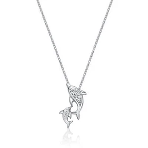 10K White Gold 18" Chain Necklace Mini Dolphins Pendant with 0.02 Carat Diamond - Picture 1 of 9