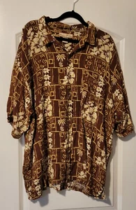 Paradise Blue Men's Hawaiian Shirt Brown Hibiscus Palm Trees 100% Rayon Sz XXL - Picture 1 of 4