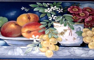 Wallpaper Border Blue Fruit Bowl Cup Flower Floral Marble Shelf Wall EH99738 NIP - Picture 1 of 4