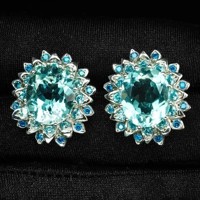 Stupendous Crystal Blue Aquamarine 8Ct 925 Sterling Silver White Gold Earrings - Image 1 of 4
