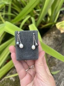 925 Sterling Silver Double Pearl Dangle Earrings (3cm) - Picture 1 of 5