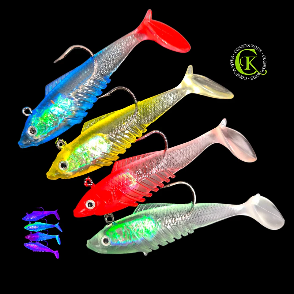 4x 10cm Gummifisch Shad UV Jigkopf Kunstköder Swimbait Stint Kauli Zander Pike - Bild 1 von 1