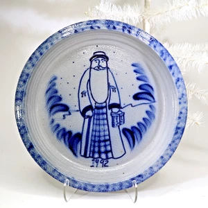 Vtg '92 Eldreth Santa Blue Salt Glaze pottery Father Xmas 11" PLATE platter tray - Picture 1 of 10
