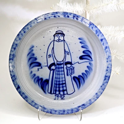 Vtg '92 Eldreth Santa Blue Salt Glaze pottery Father Xmas 11" PLATE platter tray - Image 1 of 4